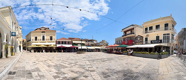 St. Markos square, Zakynthos town on the island Zakynthos, Greece. Zakinthos, Greece - July 25, 2015: Pano shot of  St. Markos Square in Zakinthos, Greece. st markos church pic stock pictures, royalty-free photos & images