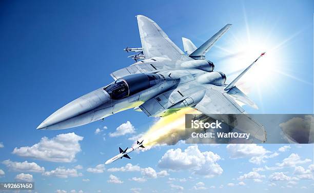 F15 War Plane Launched Rocket Stock Photo - Download Image Now - Fighter Plane, Missile, Air Force