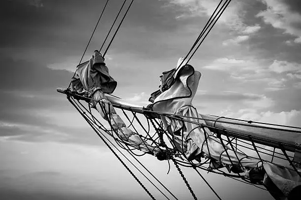 Detail of a sailing ship on the Baltic Sea in Rostock (Germany).