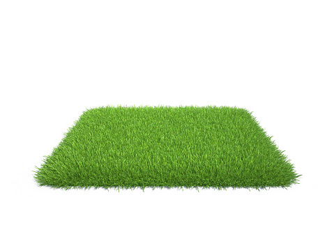 Green grass lawn square. 3d render isolated on white background.