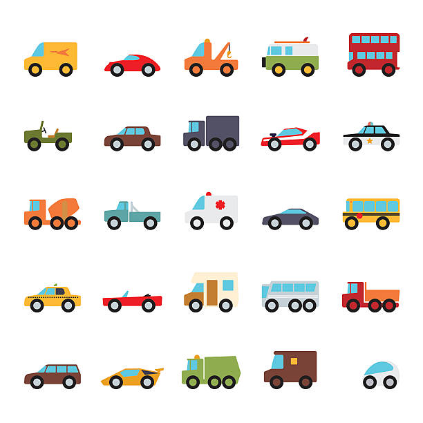 Automobiles Flat Design Vector Icons Collection Set of 25 cars, vans and other motor vehicles flat design icons on white background coach illustrations stock illustrations