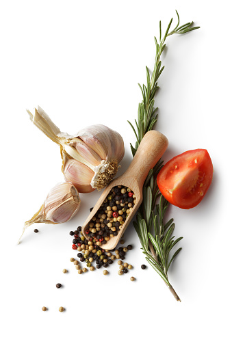 Ingredients: Garlic, Pepper, Rosemary and Tomato Isolated on White Background