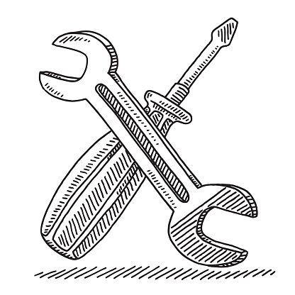 Hand-drawn vector drawing of a Wrench And a Screwdriver Tool. Black-and-White sketch on a transparent background (.eps-file). Included files are EPS (v10) and Hi-Res JPG.