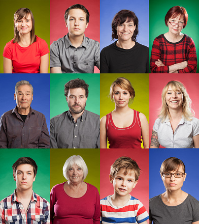 Series of twelve people, from child to senior, colored backgrounds.