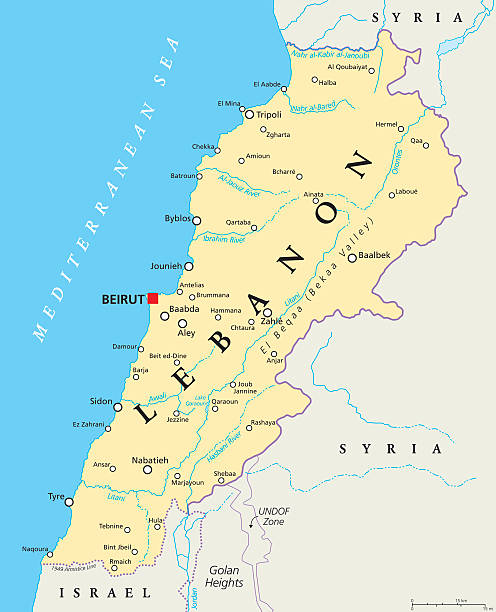 Lebanon Political Map Lebanon political map with capital Beirut, national borders, important cities, rivers and lakes. English labeling and scaling. Illustration. beirut illustrations stock illustrations