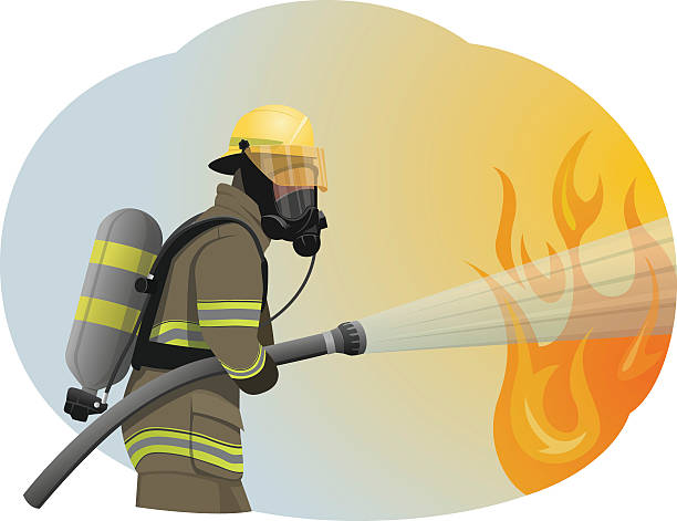 Fireman Fireman extinguishes the fire by spraying the water. He is clothed in a protective uniform. firefighter stock illustrations