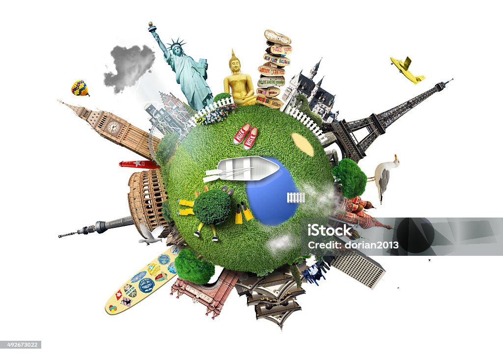 Small planet with landmarks Small planet with landmarks around the world Globe - Navigational Equipment Stock Photo
