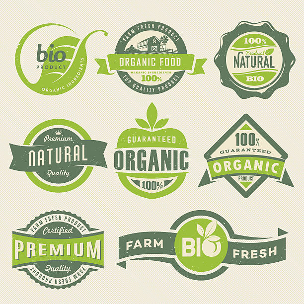 Organic Food Labels Vector illustration featuring organic food labels.  organic food stock illustrations