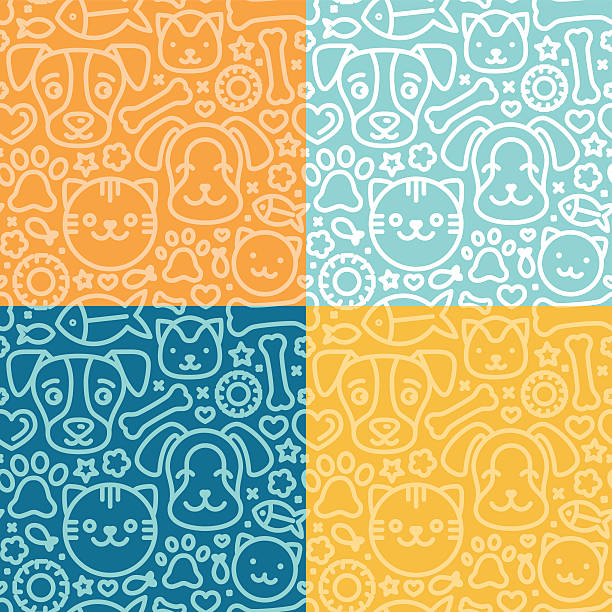 Vector set of seamless patterns Vector set of seamless patterns and backgrounds with trndy linear icons related to pets and animals - abstract backgrounds for pet shop websites and prints pets stock illustrations