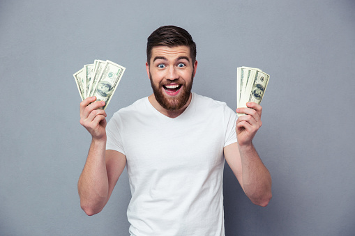 Portrait of a cheerful man holding dollar bills over gray background
