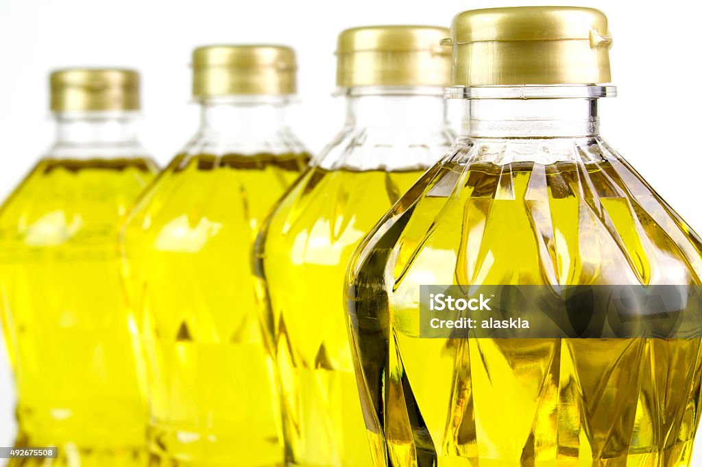 three bottles oil of refined palm olein from pericarp 2015 Stock Photo