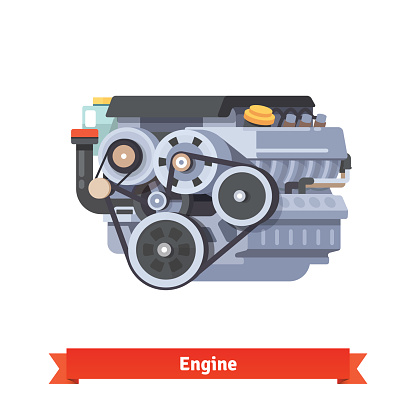 Modern car internal combustion engine. Complete overhaul repair. Flat style 3d vector illustration isolated on white background.