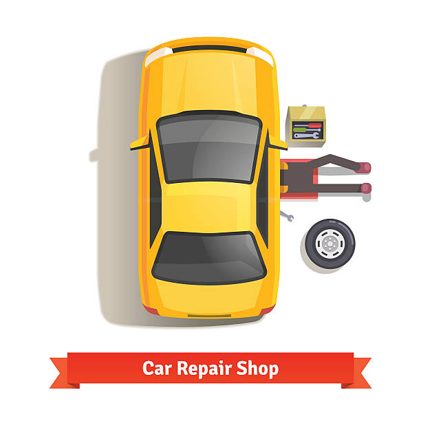 Car mechanic lying under car doing repair work Car mechanic lying down under auto underbody doing repair work. Top view. Flat style vector illustration isolated on white background. mechanic working under car stock illustrations