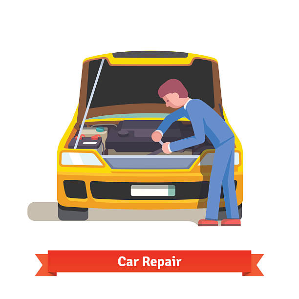 mechanik naprawy samochodów samochód silnik na stacji paliw - directly below illustrations stock illustrations