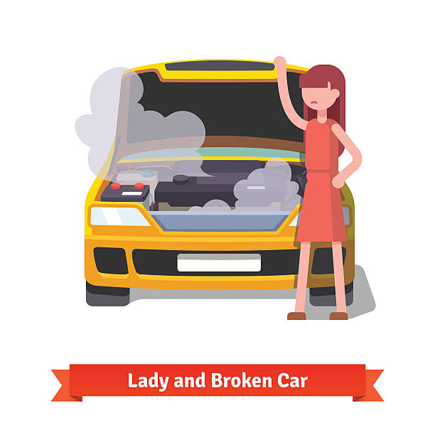 kobieta patrząc w jej złamane samochodu kaptur - directly below illustrations stock illustrations