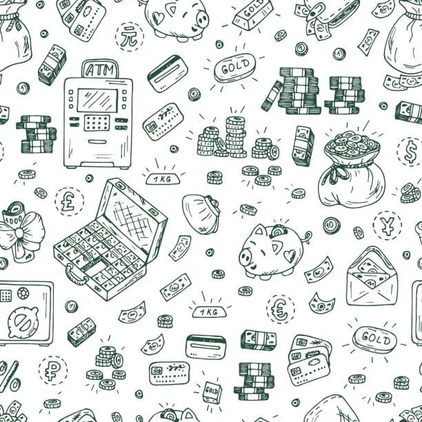 Vector illustration of Financial and Business symbols. Hand drawn Doodles Money Seamless pattern