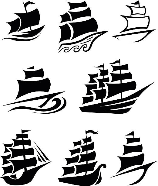 wysyłka ikony - sailing ship nautical vessel military ship brigantine stock illustrations