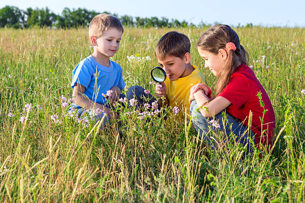Three kids looking to flower through a magnifying glass