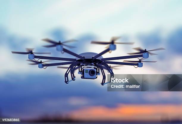 Drone White Cloudy Dusk Sky Stock Photo - Download Image Now - Drone, Drone Point of View, Home Video Camera