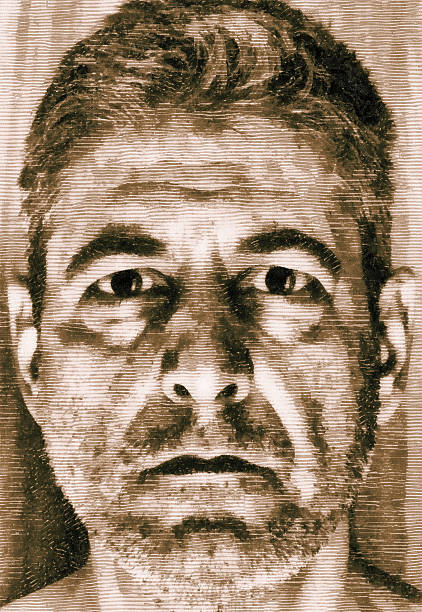 Mature man high contrast portrait. Photograph rendered as monochrome wood etching print on paper texture.