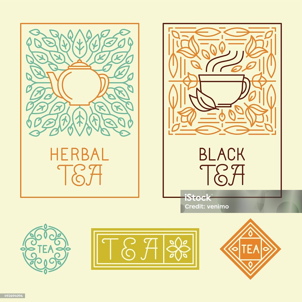 Vector tea packaging labels and badges in trendy linear style Vector tea packaging labels and badges in trendy linear style - icons and badges - organic herbal and black tea Backgrounds stock vector