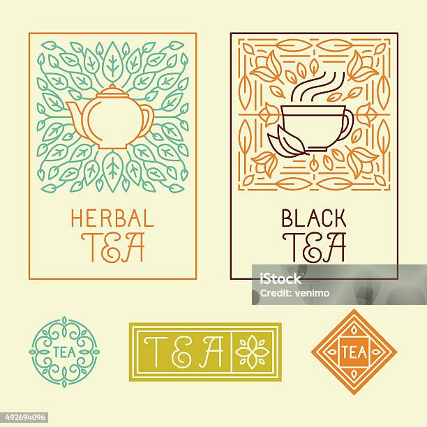 Vector Tea Packaging Labels And Badges In Trendy Linear Style Stock Illustration - Download Image Now