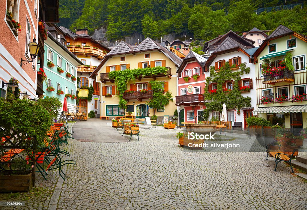 Town square in Hallstatt Austria Stock Photo