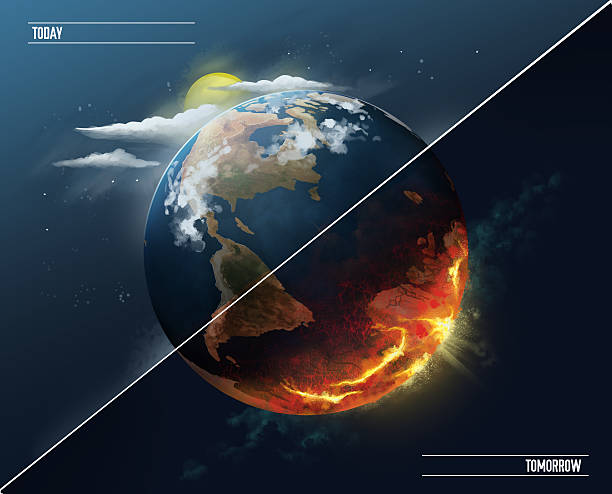 riscaldamento globale. terra prima e dopo. - judgement day earth space ozone layer foto e immagini stock