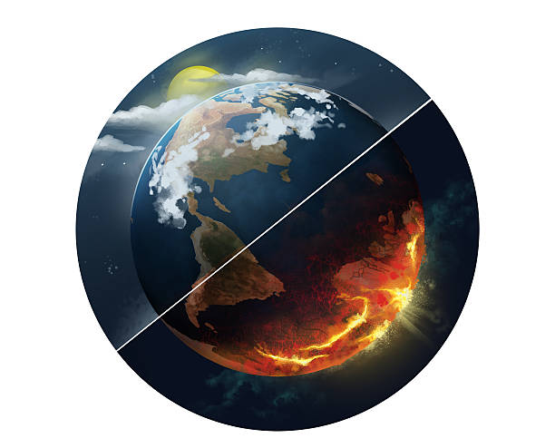 riscaldamento globale. terra prima e dopo. - judgement day earth space ozone layer foto e immagini stock