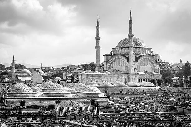 Istanbul, Turkey - October 5, 2015: Nuruosmaniye Mosque  in black and white. View from the rooftops of Grand bazaar in Istanbul.