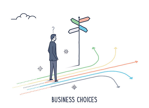 Business Choices Abstract and symbolic presentation. Business Choices. Business man standing in front of crossroads. Outline vector illustration. crossroad illustrations stock illustrations