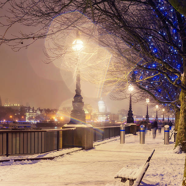 View of St Paul's Cathedral from the Queen's Walk at Christmas in London.