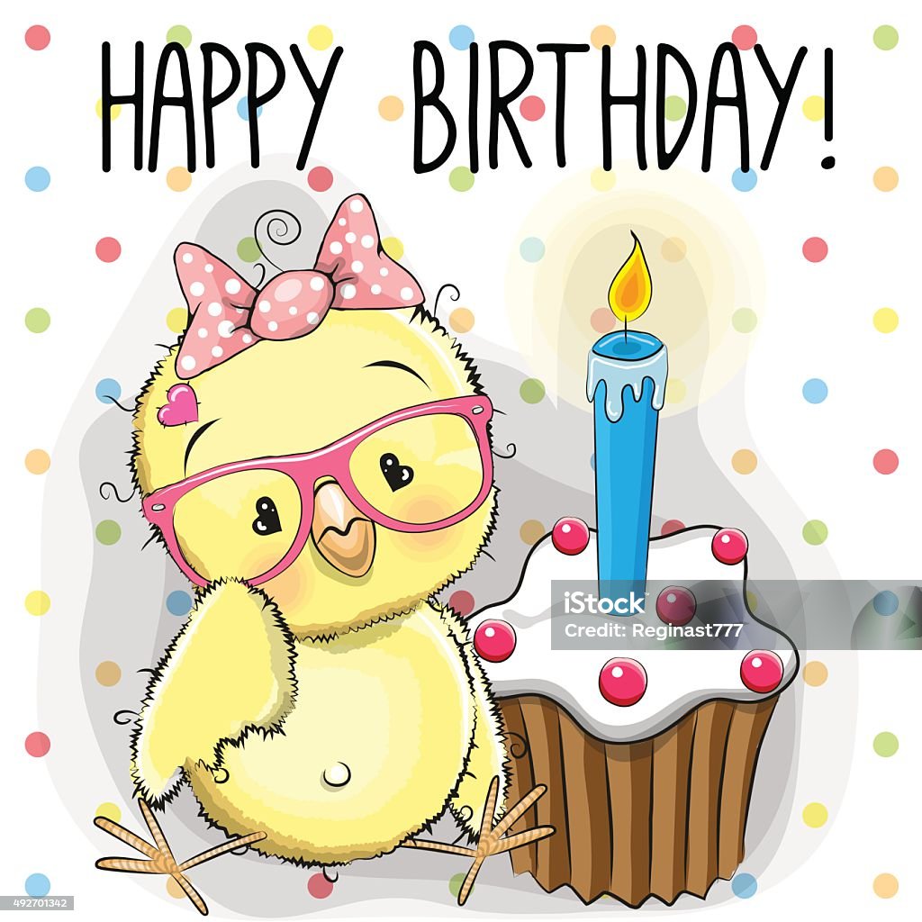 Chicken with cake Greeting card cute Cartoon Chicken with cake 2015 stock vector