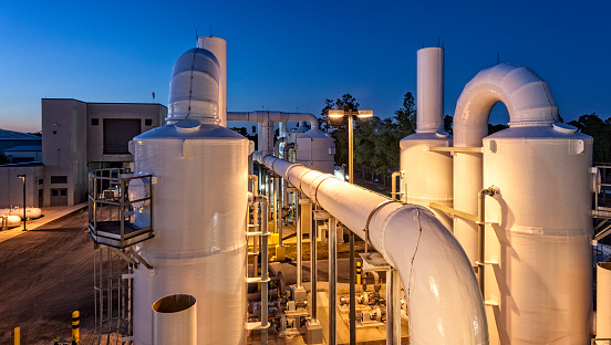 Night time shot of a degassification water system at a public water utility company.