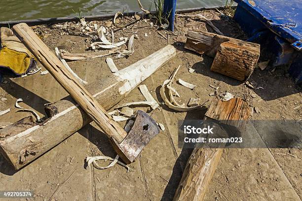 Carpentry Skill With Ax As Main Tool Stock Photo - Download Image Now - 2015, Art And Craft, Arts Culture and Entertainment