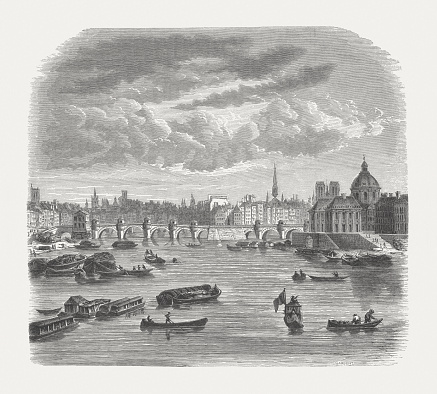 Paris with Seine in the 18th century. Wood engraving, published in 1871.