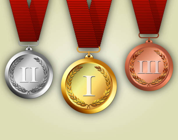 золотые и серебряные и бронзовые медали в лентами - medal silver medal silver award stock illustrations