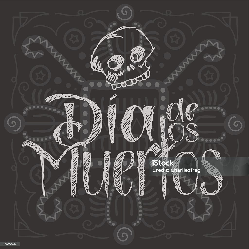 Day of the Dead Dia de los muertos - Day of the Dead Vector Illustration. Hand Lettered Text with Skull. Background with aztec-like pattern. 2015 stock vector