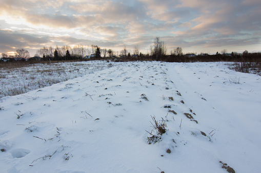 winter landscape of village in white snow
