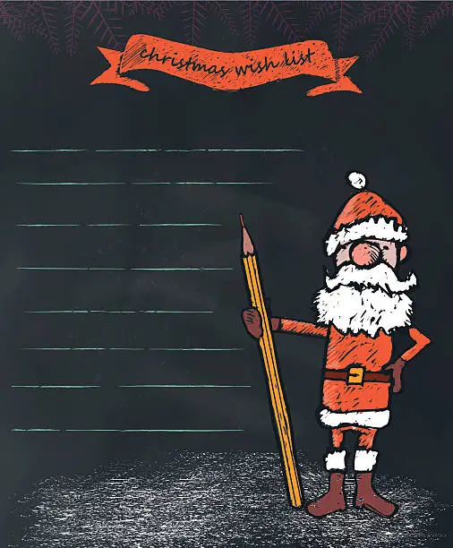 Vector illustration of santa claus holding pen on chalkboard with wish list