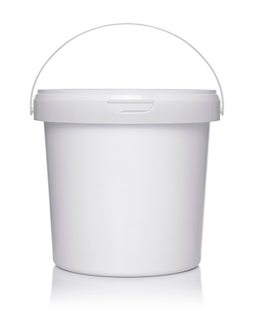 White plastic bucket with lid on a white background.
