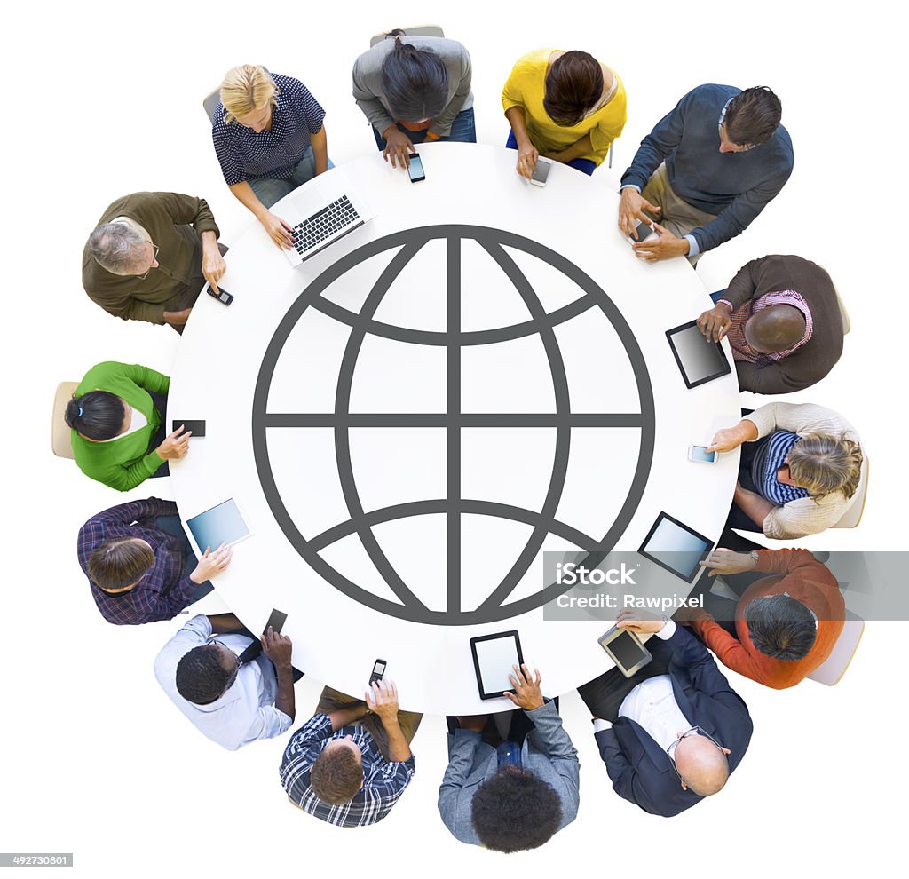 Group of People Using Digital Devices with Global Symbol Adult Stock Photo