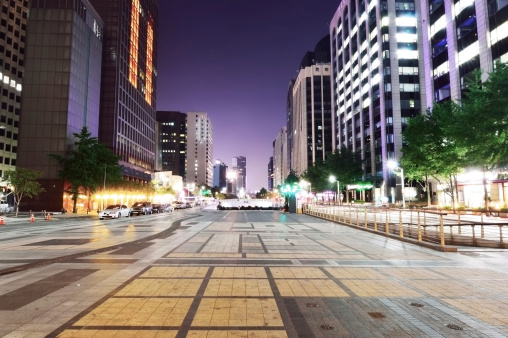 Cityscape of Seoul at Cheonggyecheon at night, a tourist attraction, a place to relax and cultural space in Seoul, South Korea