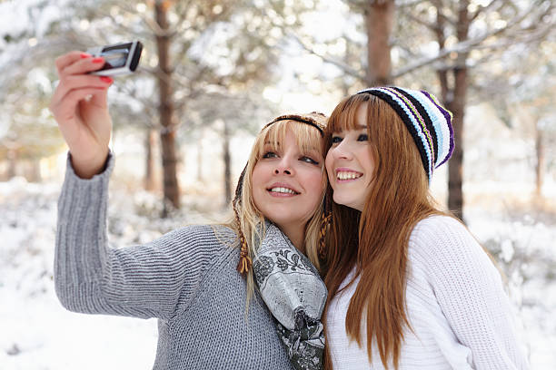 istock Girlfriends having fun and taking a selfie in winter scene 492733002