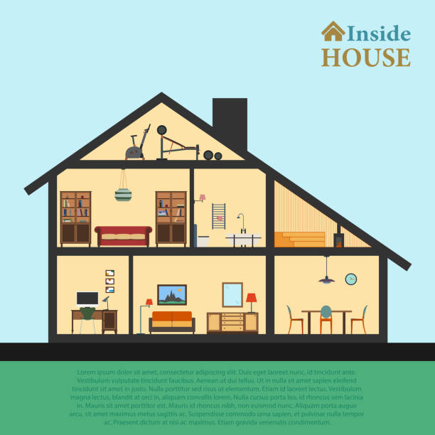 House inside. Detailed modern house interior in cut. Flat style House inside. Detailed modern house interior in cut. Flat style vector illustration eps10. Rooms with furniture and object. gym borders stock illustrations