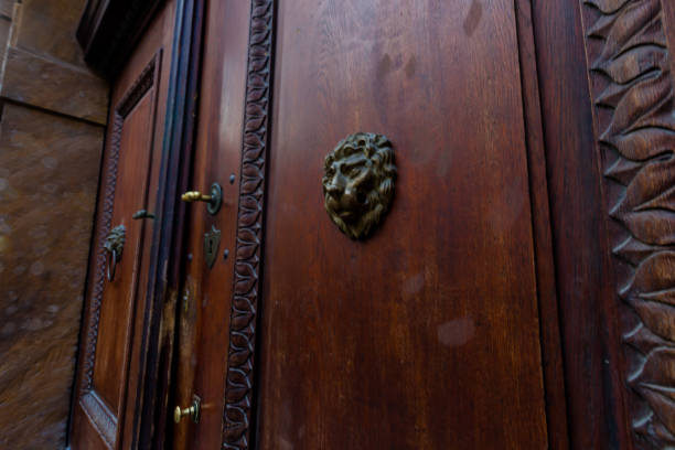 Old styled door ornament of a lion head made of bronze with a pattern of leaves trailing down the corners