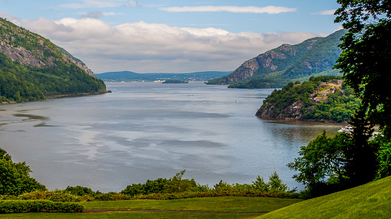 West Point, NY, USA - June 06, 2009: The picturesque Hudson River Valley as seen from the campus of the Military Academy of West Point, NY in the Spring of 2009.