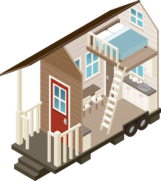 Tiny House Cross Section Isometric Icon A vector illustration of a tiny house drawn in isometric perspective, displaying the interior of the home (living space, bedroom, kitchen, and bathroom). Download includes an AI10 CMYK vector EPS file as well as a high resolution RGB JPEG. The only gradients used are in the shading on the windows to add a little depth. This tiny house is built onto wheels, as many cities will not allow them as standalone units due to zoning bylaws. compact mirror stock illustrations