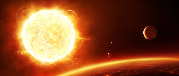 Big sun with planets Illustration of a big fiery red sun with planets and moons in the foreground. extrasolar planet stock illustrations
