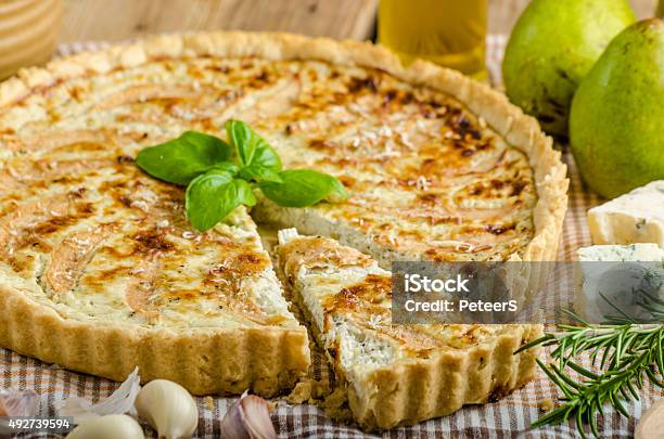 French Quiche Stuffed Cheese And Pears Stock Photo - Download Image Now - 2015, Baked, Baked Pastry Item